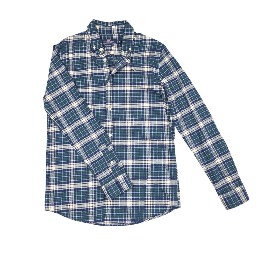 Vineyard Vines Whale Shirt Boys L 16 Blue Green White Plaid Button Down Preppy